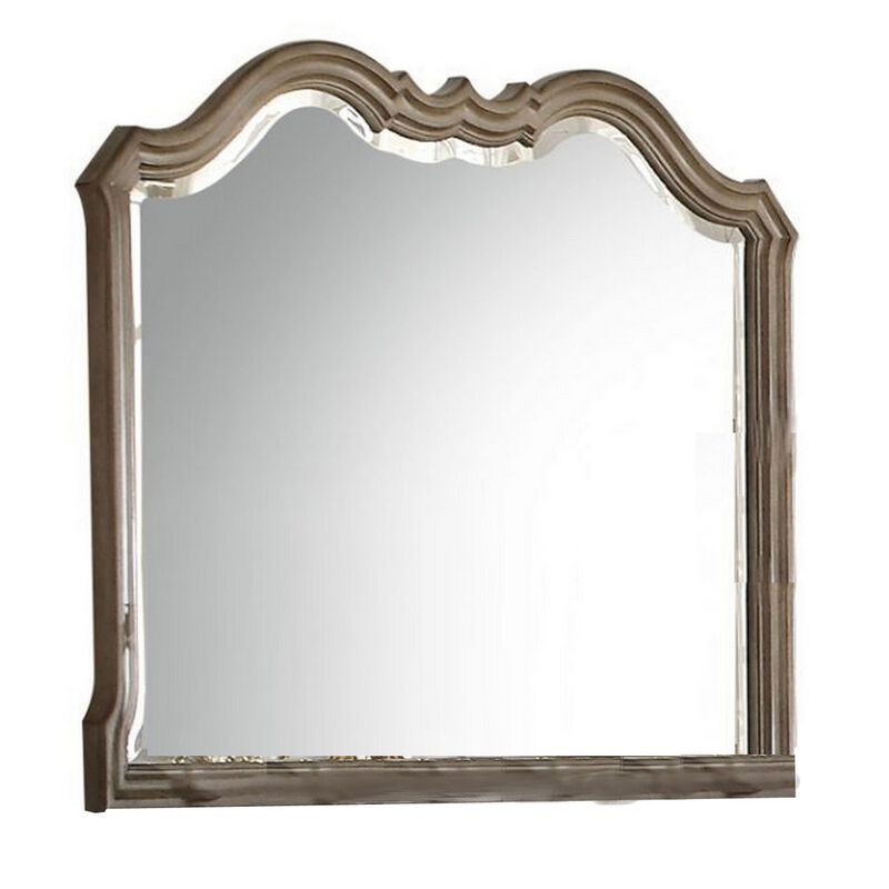 Wooden Molded Frame Mirror with Scalloped Design Top, Taupe Brown-Benzara