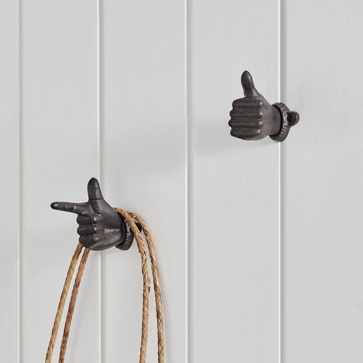 "Thumbs up & Pointing Finger" Dark Brown Cast Iron Wall Mount Hook Set (Set of 2)
