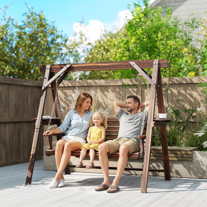 Hivvago 3-Seat Wooden Porch Swing with Stand & Side Tables