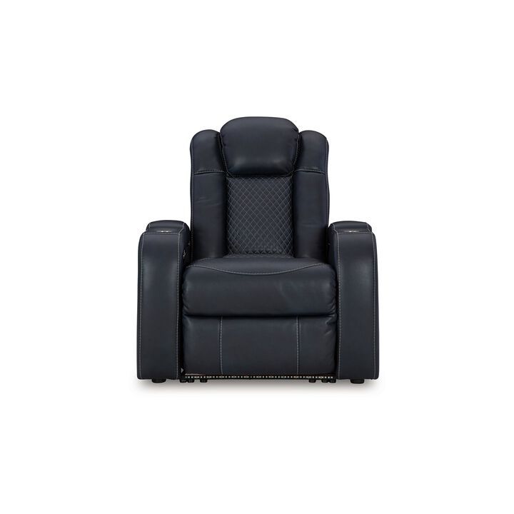 Fynne LED Power Recliner Chair, USB Port, Sapphire Blue Faux Leather - Benzara
