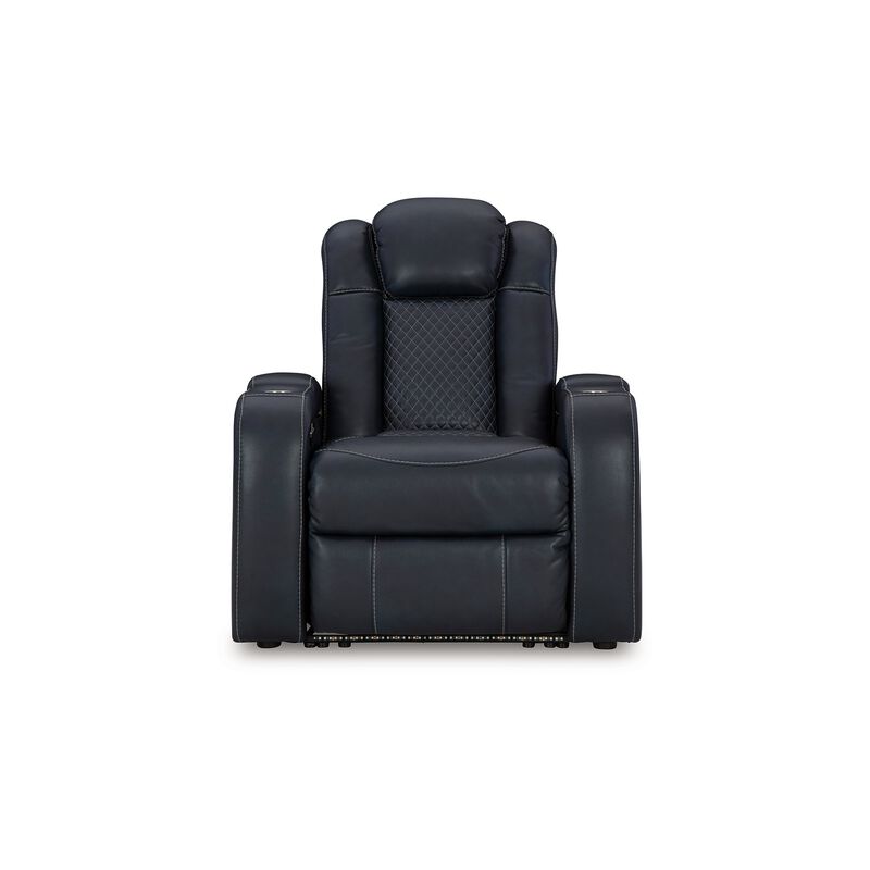 Fynne LED Power Recliner Chair, USB Port, Sapphire Blue Faux Leather - Benzara