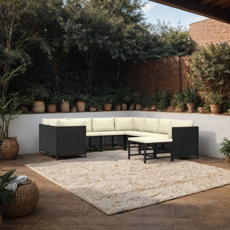 Reno 9pc Outdoor Modular Sofa Set, Ivory Fabric Cushions, Black Rattan - Benzara