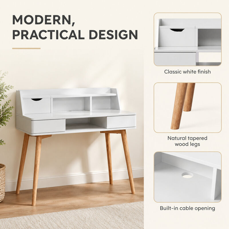 Teamson Writing Desk with Hutch, Drawers, Flip Drawer, Cubbies, Cable Opening, White MDF & Natural Wood Legs, Compact Office Desk for Home, Creativo Collection image number 3