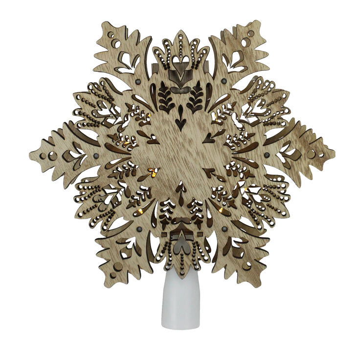 8.5" Lighted Brown Wooden Snowflake Christmas Tree Topper - Clear Lights