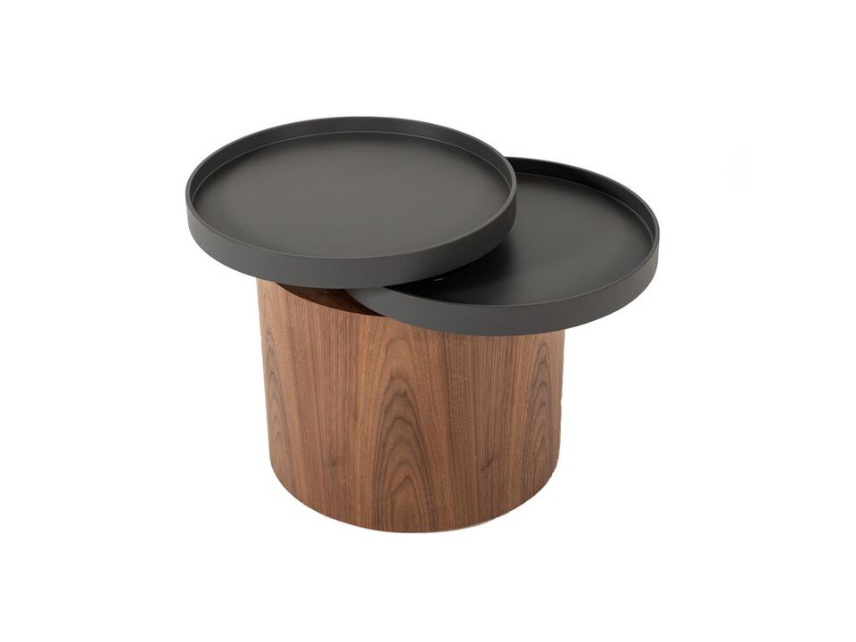 Cylindrical Wooden End Table with Swivel Tray Top, Brown and Black-Benzara