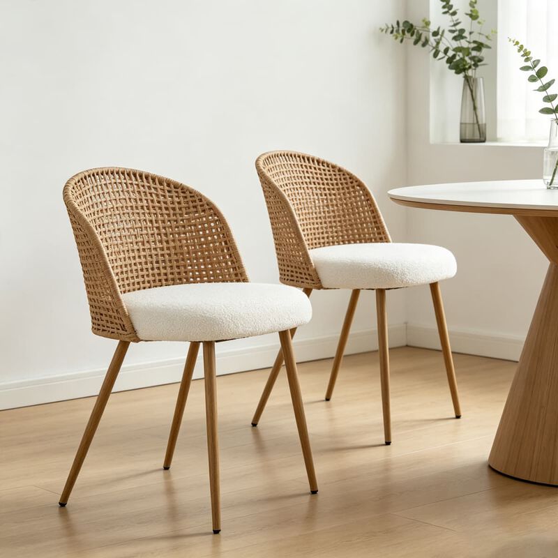 2 Pack Rattan Dining Chairs PE Rattan Woven Back Dining Chair with Teddy Upholstered Cushion Metal Legs Kitchen Dining Chairs image number 3