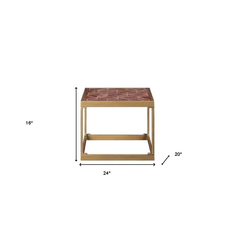 Homezia 16" Brass And Warm Brown Leather Rectangular End Table