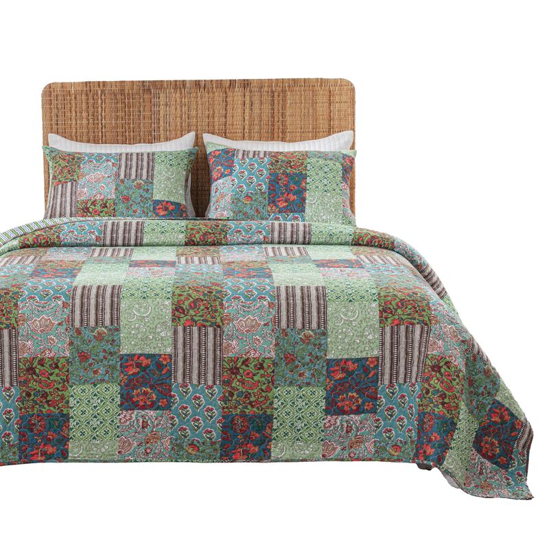 Aby 3pc King Quilt Set, Reversible Patchwork, Jade Green Cotton Microfiber - Benzara