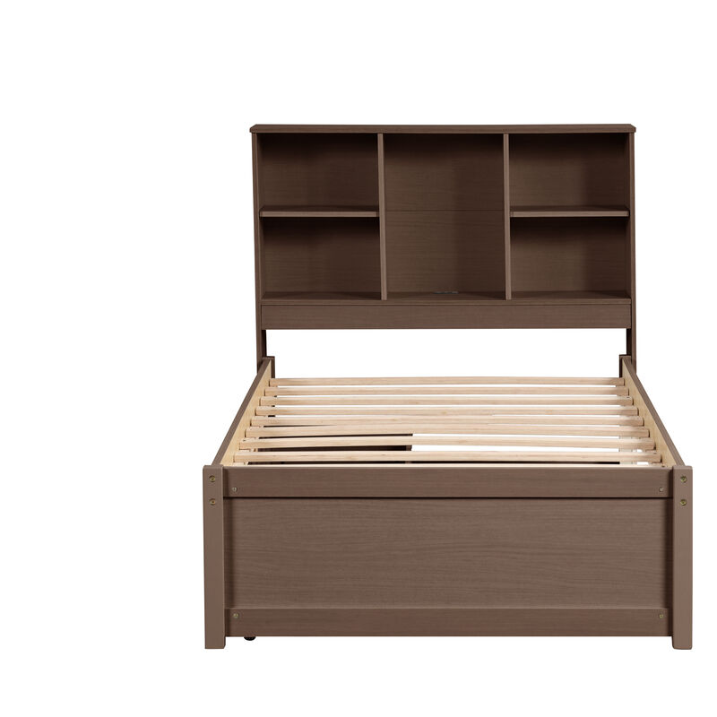 Stylish Bed Frame with USB Ports, Headboard with Bookcase & 2 Storage Drawers for Bedroom