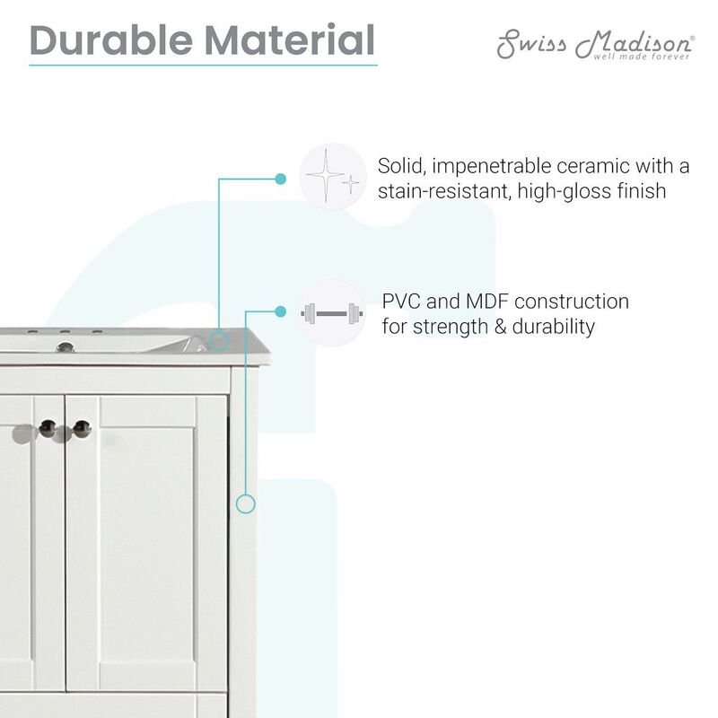Cannes 24 in. White Bathroom Vanity with 3-Hole Ceramic Sink Top image number 2