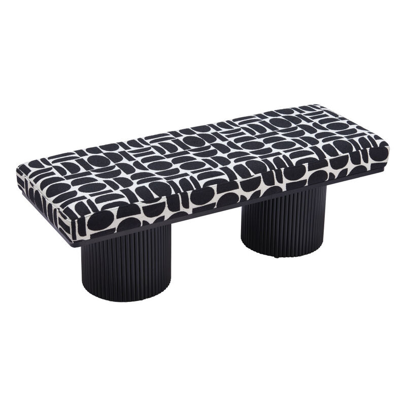 HomeRoots 49" Black And White Geometric Fabric and Solid Wood Upholstered Bench image number 2