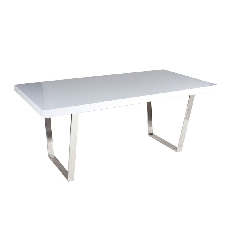 Ien 71 Inch Dining Table, Rectangular Top, Open Metal Panel, White Lacquer