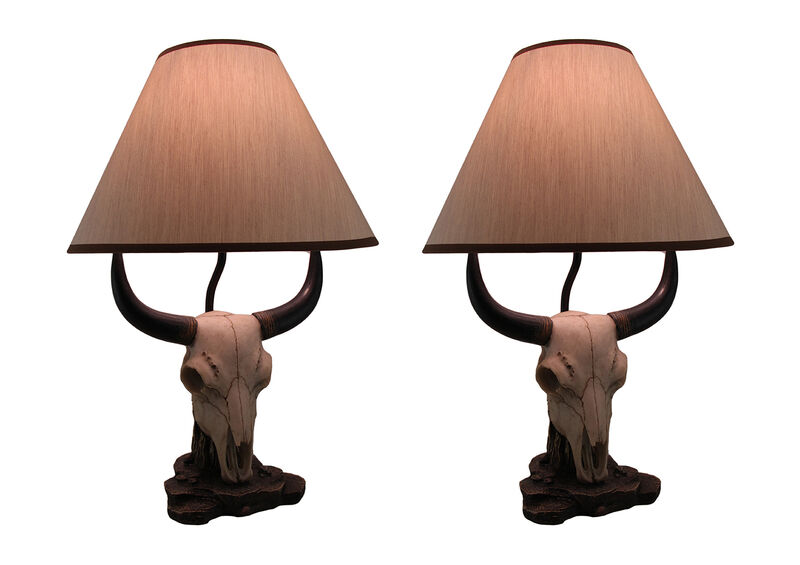 Set of 2 Cattle Ranch Bovine Cow Skull Decorative Table Lamps with Fabric Shades image number 0
