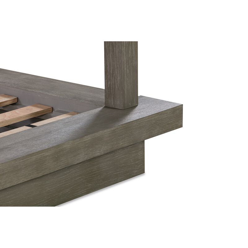 Nels California King Canopy Bed, Low Profile, Mitered Edges, Mineral Gray  - Benzara