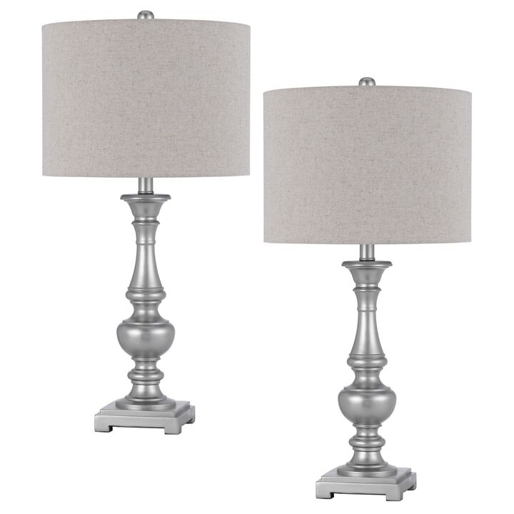 28 Inch Table Lamp, Set of 2, Beige Fabric Shade, Silver Carved Frame-Benzara