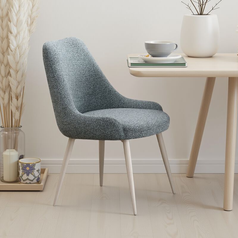 Aela Side Dining Chair Set of 2, Light Blue Boucle, Bone White Metal - Benzara