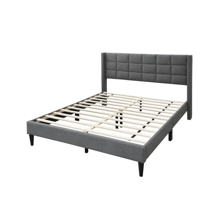 Meno Queen Size Bed, Square Stitched Slate Gray Linen Upholstery - Benzara