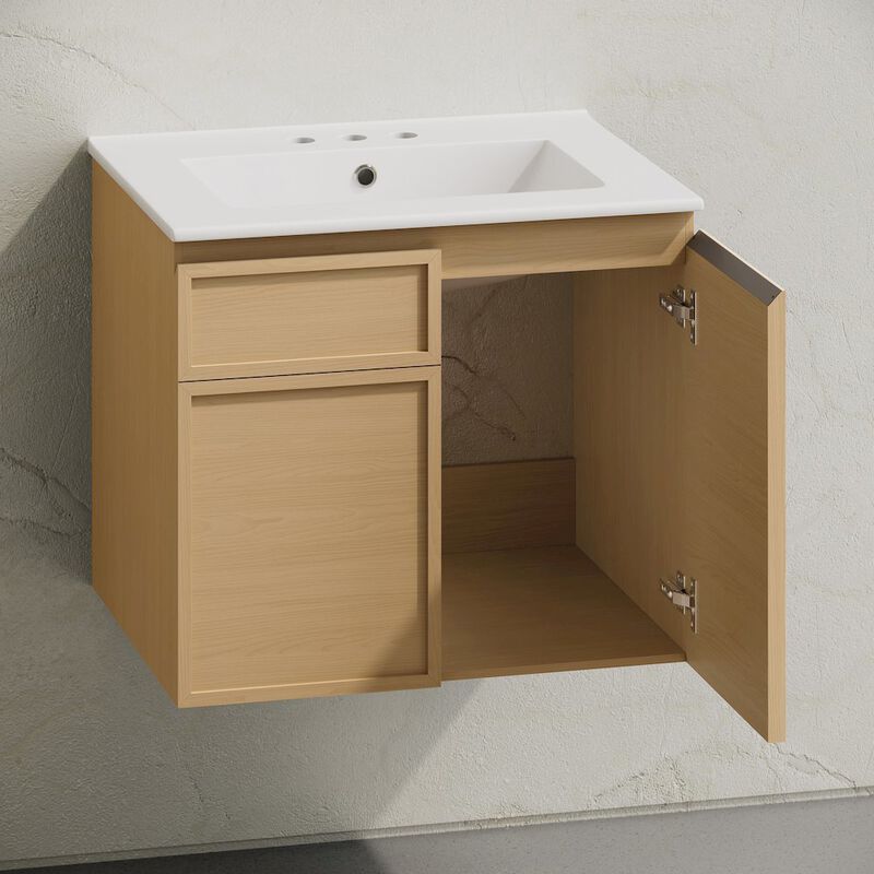 24" Wall-Mounted Bathroom Vanity in Natural Oak with 3-Hole Centerset Sink Top image number 3