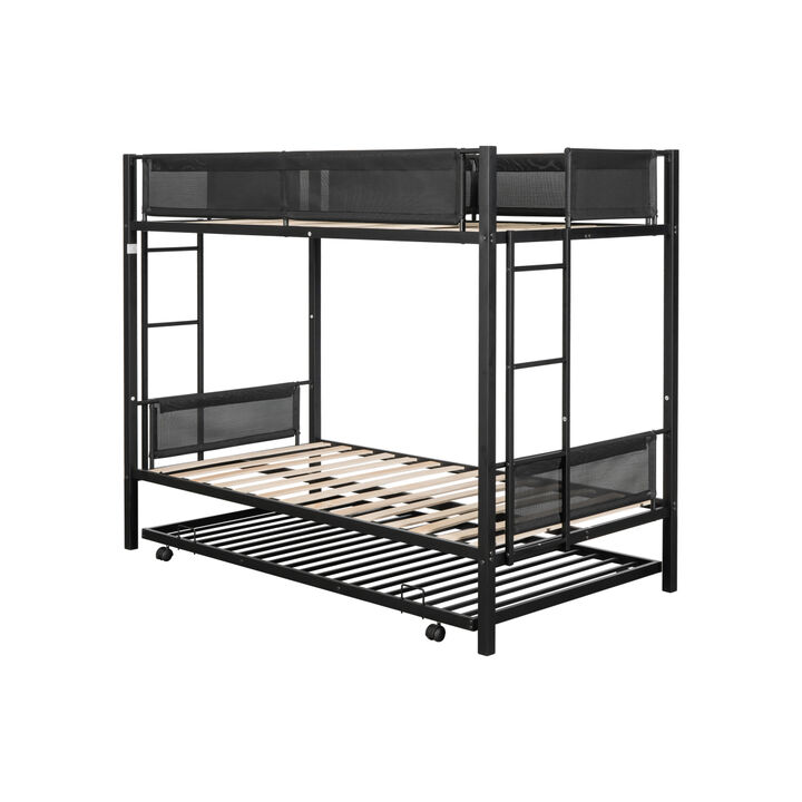 Twin over twin bunk bed with trundle (Wood Slat and Textilene Guardrail)