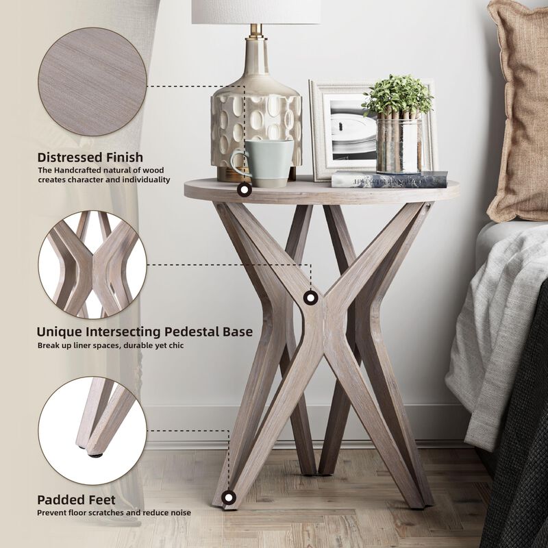 LONYKE Pedestal Farmhouse End Table Set of 2, Distressed Top with Tripod Base Bedside Table for Living Room, Modern, Boho Decor,