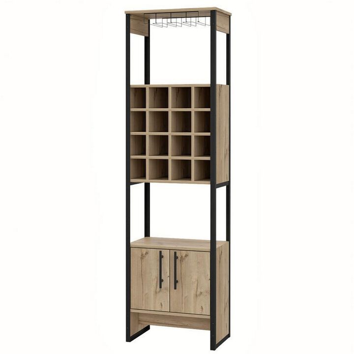Isa 71 Inch Standing Bar Cabinet, 16 Cubbies, Natural Brown Wood Finish-Benzara