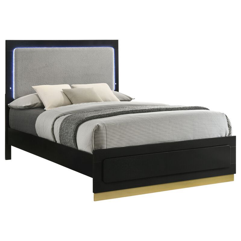 Caer King Size Bed, LED Panel Tall Headboard, Gray Upholstery, Black Okume - Benzara