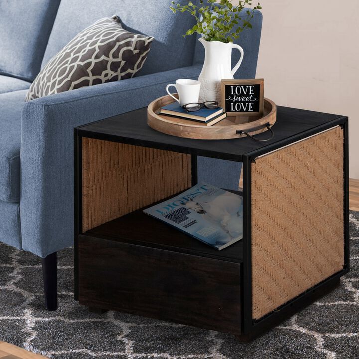 21 Inch Handcrafted Acacia Wood Side Table Nightstand, Woven Jute Side Panels, Brown, Black-Benzara