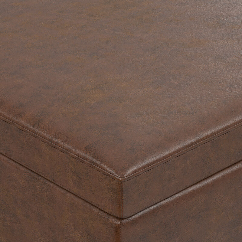 Owen 42 inch Wide Mid Century Modern Rectangle Lift Top Large Coffee Table Storage Ottoman in Distressed Chestnut Brown Vegan Faux Leather, Assembled image number 4