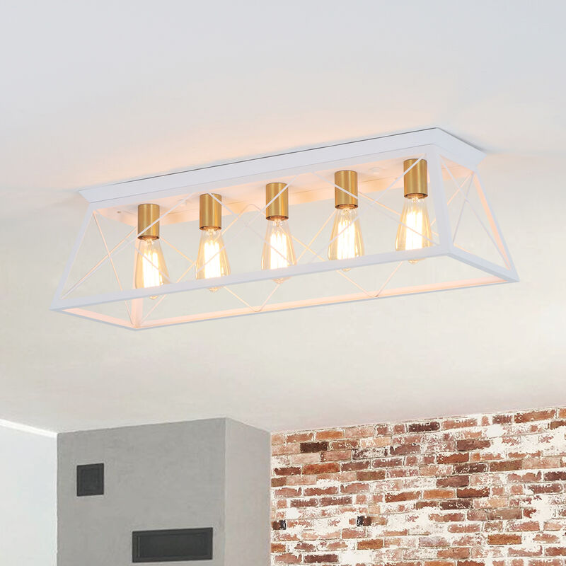 5-Light Flush Mount Lighting Rectangular Farmhouse Caged Low Ceiling Light image number 3