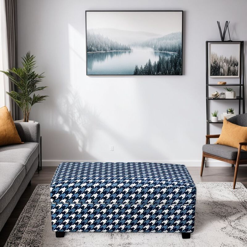 Colin Ottoman, Gray Blue White Houndstooth Polyester, 40in Rectangular