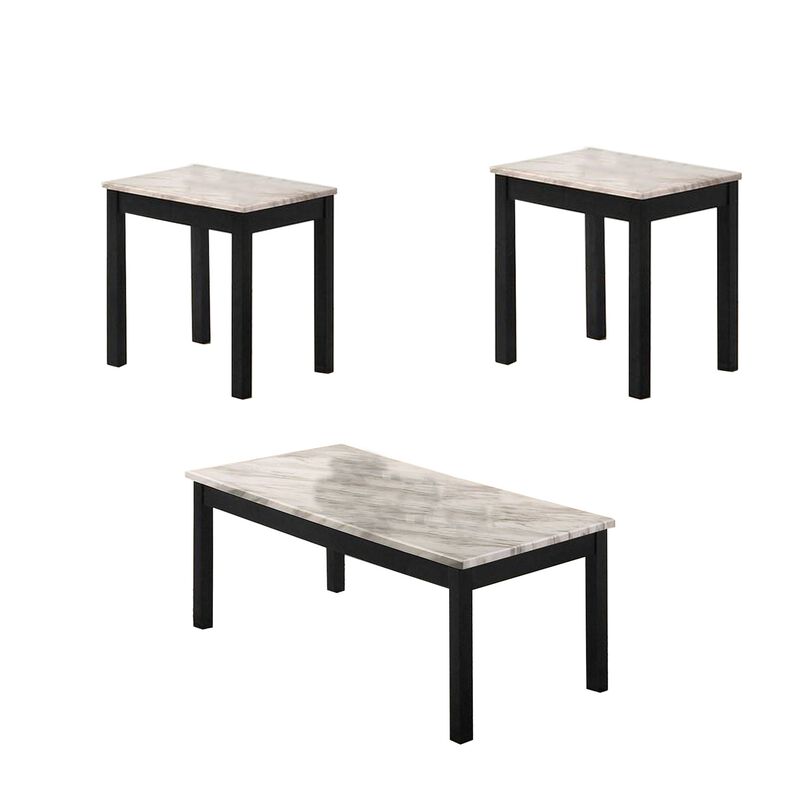 3 Piece Coffee Table and End Table with Faux Marble Top, Black and White-Benzara