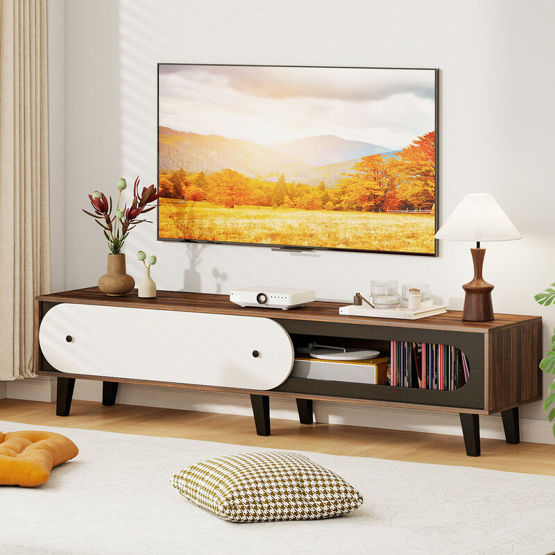 Mid-Century Modern Entertainment Center TV Stand with Sliding Door Cabinet-Walnut image number 5