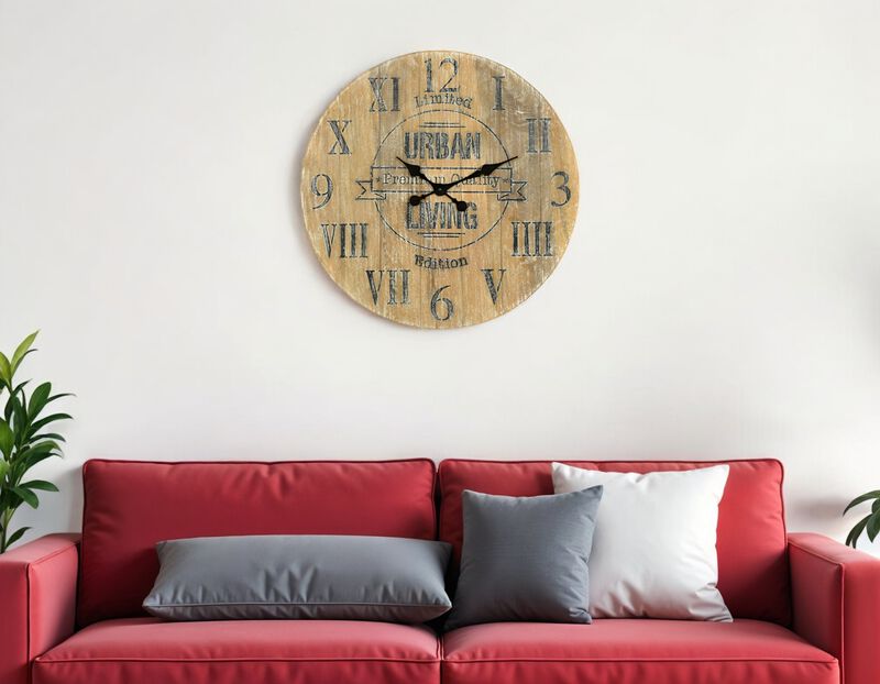 HomeRoots 24" Natural Distressed Solid Wood Silent Analog Round Wall Clock image number 1
