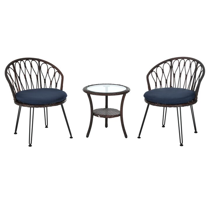 Mondawe 2 Pieces Outdoor Table And Chair Set,W/ Rattan Chairs And Round Glass Table Patio Garden Set