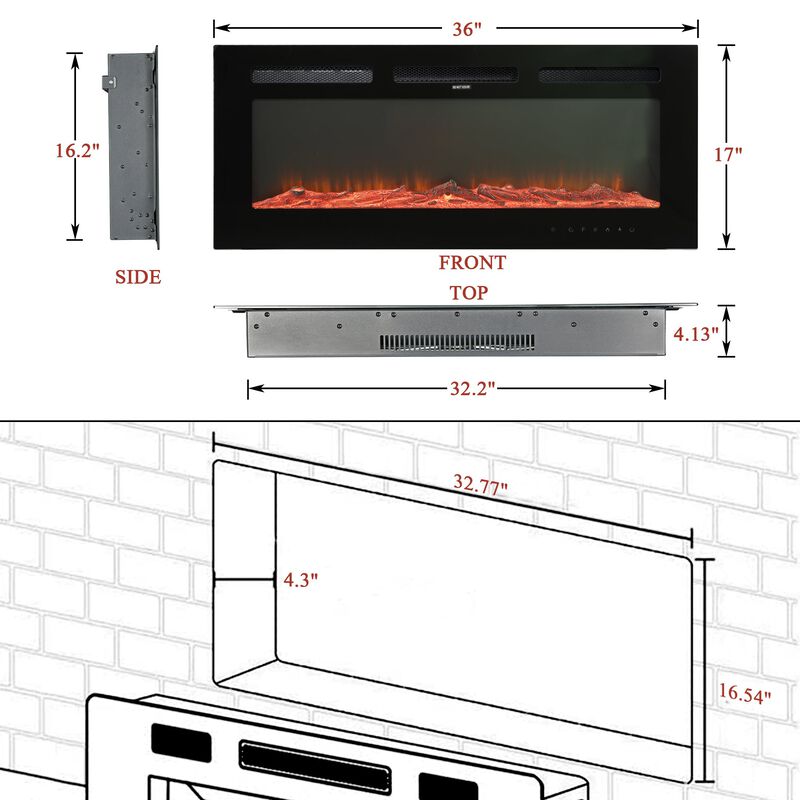 Black 36 in. Wall-Mounted Electric Fireplace with Logs & Crystals, Remote 1500/750W