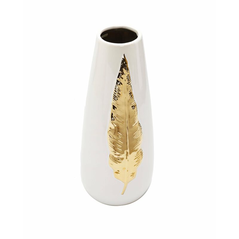 White Ceramic Tall Vase Gold Leaf Design - Large