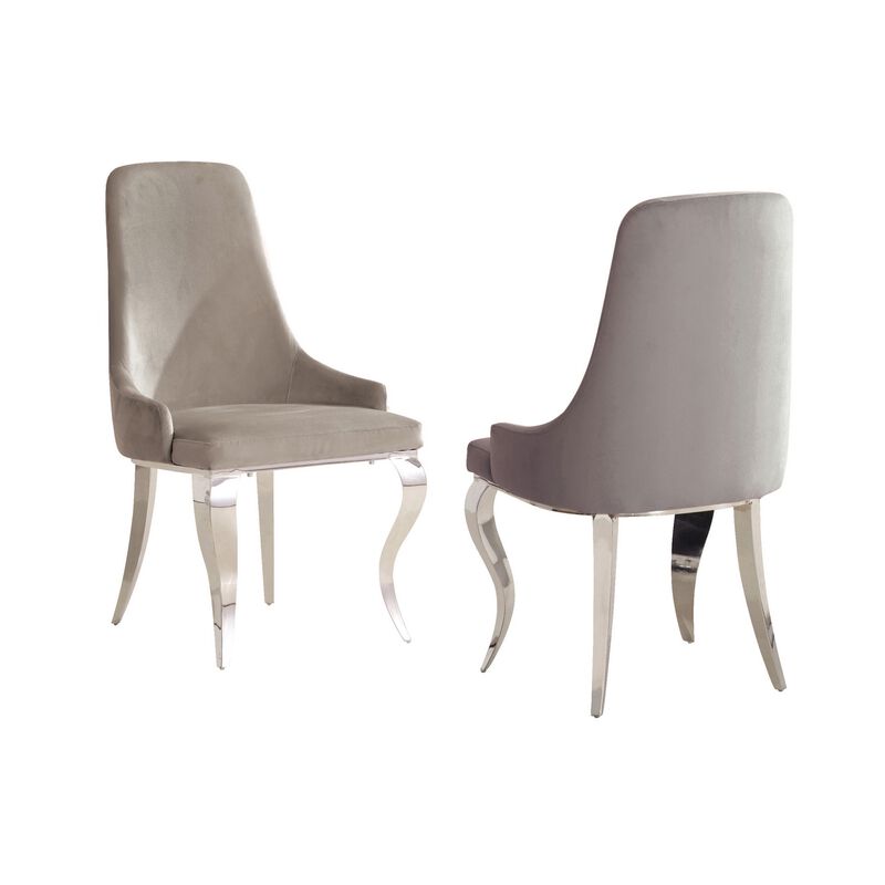 22 Inch Set of 2 Dining Chairs, Gray Velvet Upholstery, Sabre Steel Legs - Benzara