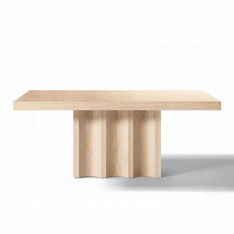 Pia Dining Table, 71 Inch Travertine Top, Fluted Pedestal Base, Brown image number 2