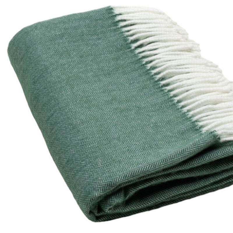 HomeRoots 50" X 60" Olive Green And White Woven Herringbone Plush Throw Blanket with Tassels image number 2