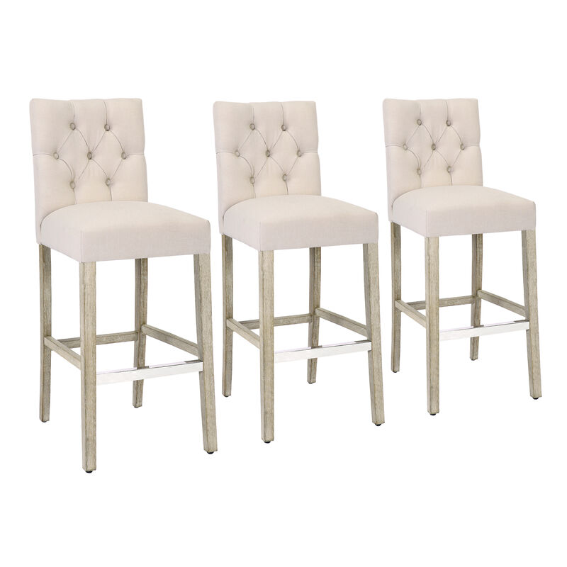 WestinTrends 29" Linen Fabric Tufted Upholstered Bar Stool (Set of 3), Antique Grey