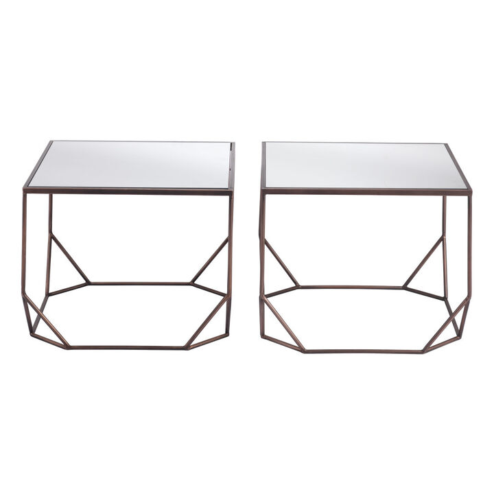 HomeRoots Set of Two Silver and Bronze Mirrored Glass and Steel Square Abstract Bunching Coffee Tables