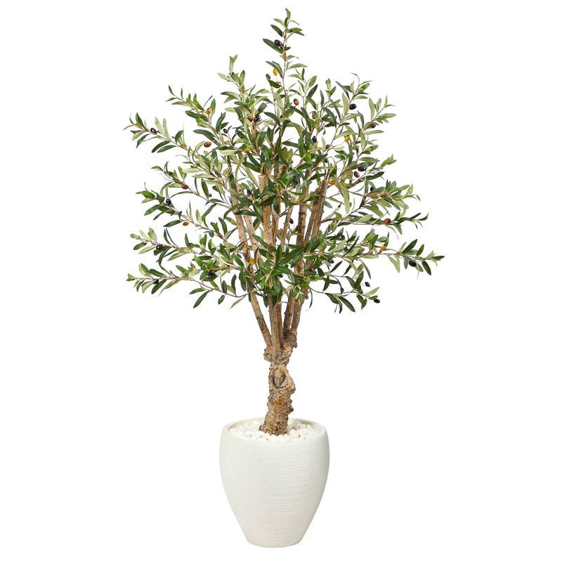 Nearly Natural 53-in Olive Artificial Tree in White Planter