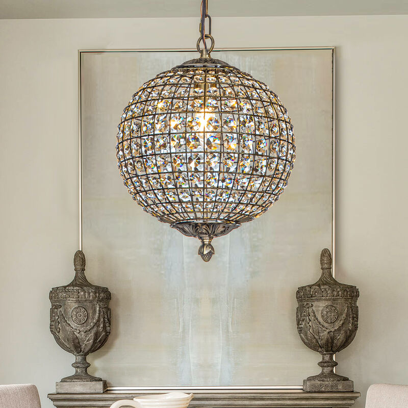 1-Light W12 in. Retro Antique Gold Globe Chandelier Small Crystal Vintage Cage-Style Shade Pendant Light for Kitchen Island image number 2