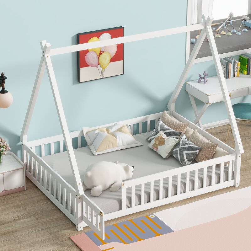 Whisen Wooden Teepee Tent Bed with Guardrails and Slats, Full Floor Bed with Door for Kids image number 1