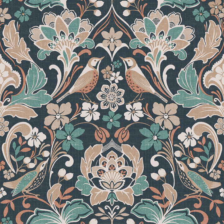 Birdy Navy Nuthatch Floral Wallpaper