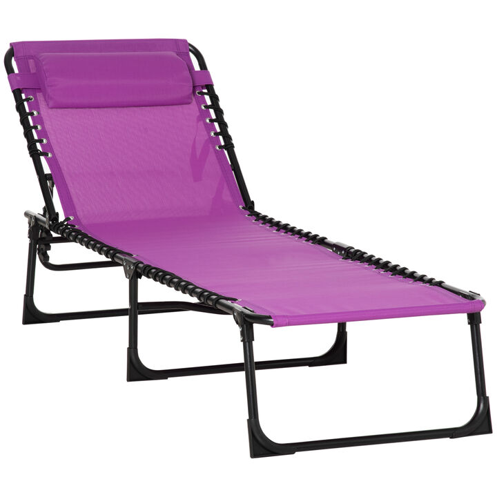 Outsunny Folding Chaise Lounge Pool Chair, Patio Sun Tanning Chair, Outdoor Lounge Chair w/ 4-Position Reclining Back, Pillow, Breathable Mesh & Bungee Seat for Beach, Yard, Patio, Purple