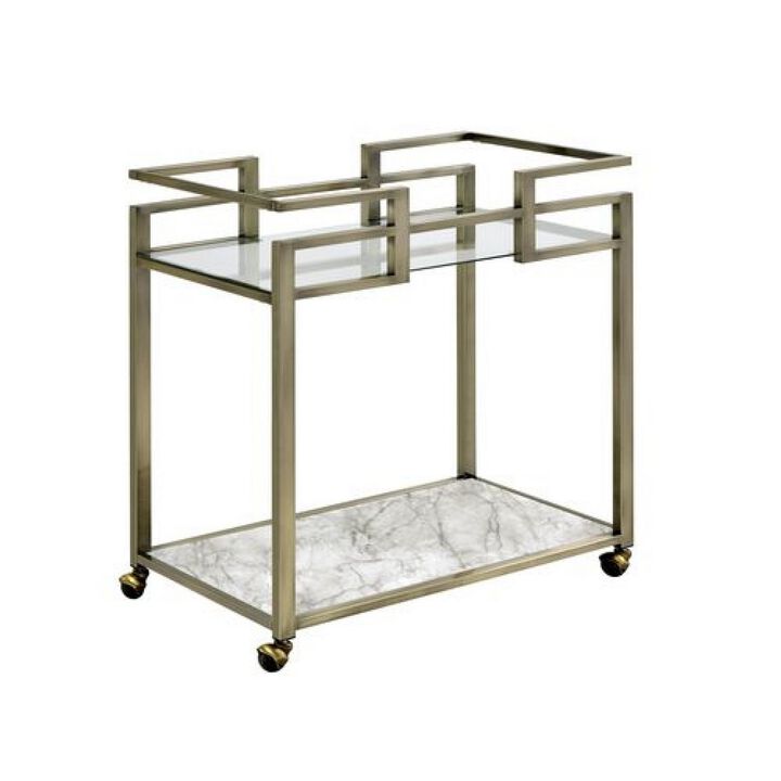 2 Tier Serving Cart with Faux Marble and Metal Frame, Silver-Benzara