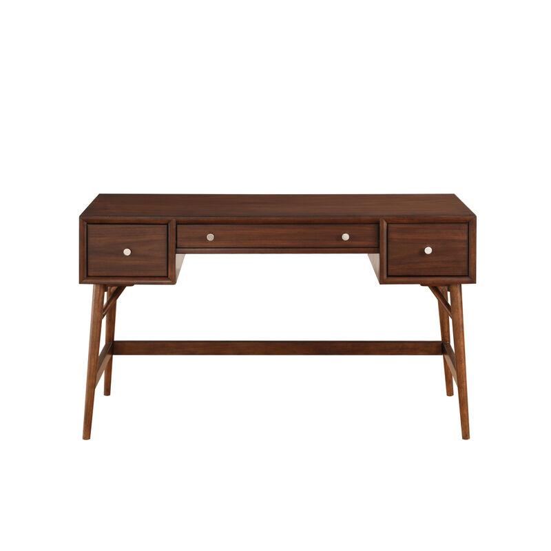 Brown Finish Stylish Writing Desk Storage Drawers Nickel Knob Hardware Walnut Veneer Wood Furniture