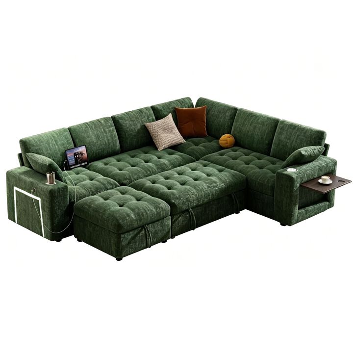Vipbear 110" Modular Sectional Sleeper Sofa, Pull Out Bed, 7-Seat Chenille L-Shaped Couch, Storage