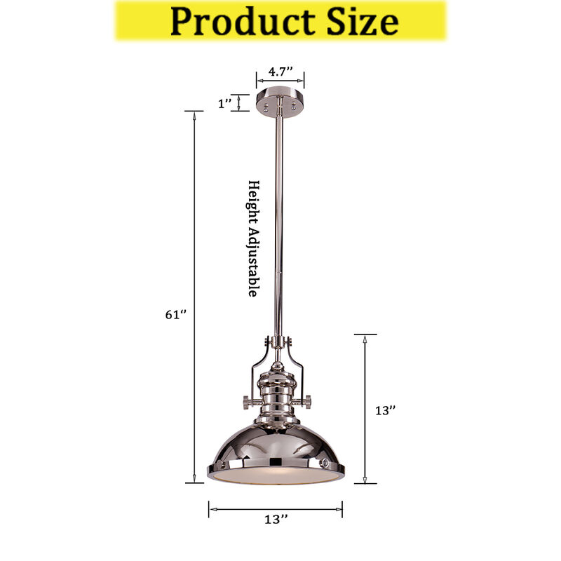 1-Light 13" Modern Industrial Polished Nickel Single Dome Pendant Light For Kitchen Island image number 5